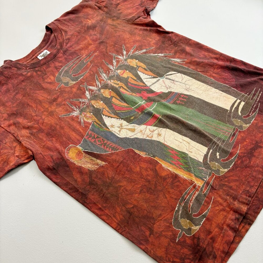 THE MOUNTAIN Native American Tee T-Shirt XL Vintage 1995 Gina Gray Tie Dye Rust - Picture 2 of 9